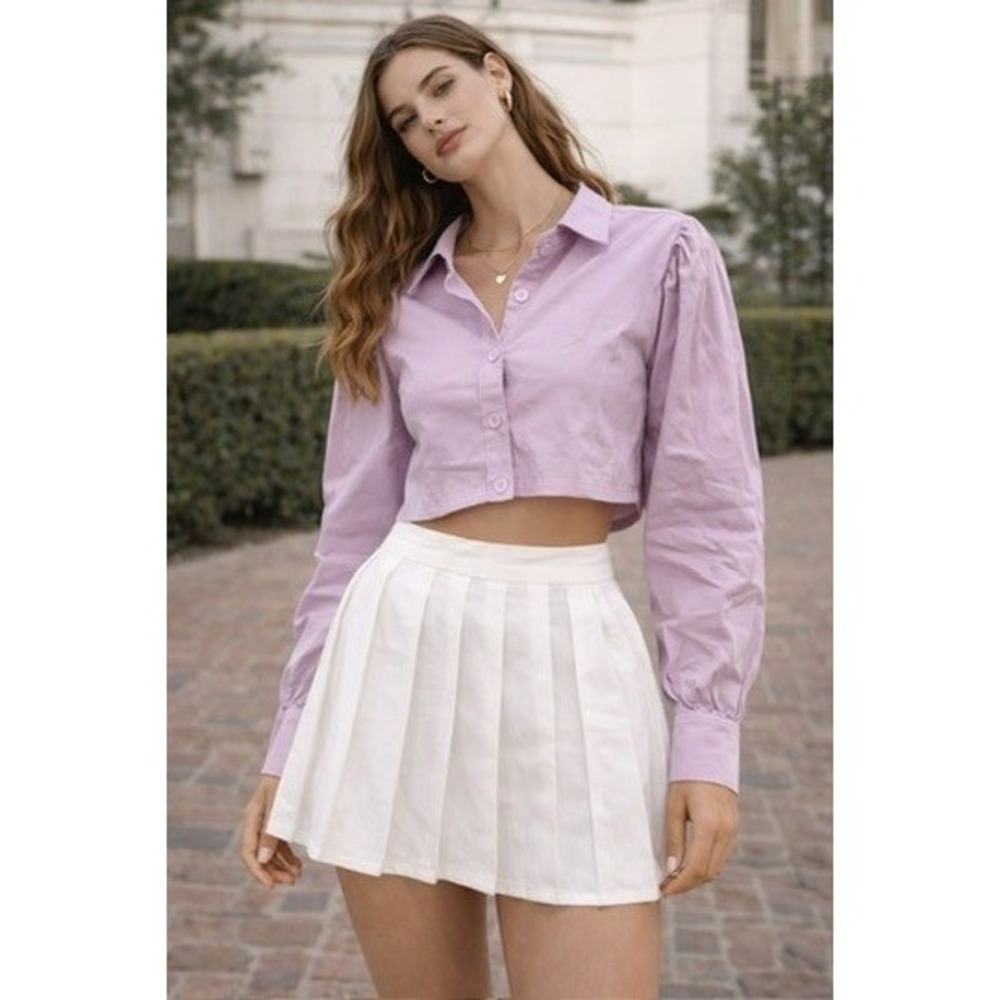 Zara Womens Lavender Purple Cropped Button Down Puff Sleeve Shirt Large 7563/268